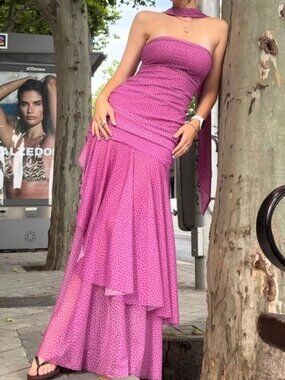 Zara brand ultra-long asymmetrical patterned lace long dress
